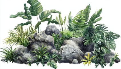 Fototapeta premium Tropical foliage and stone arrangements in garden setting, isolated on white background. Ideal for interior design, landscaping, and nature themes.