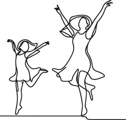 Joyful Line Drawing of a Happy Woman, Girl, and Children Dancing and Jumping