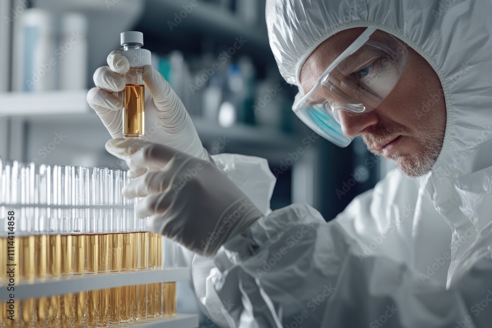 Poster a scientist holds a bottle of unknown substance, possibly a discovery or experiment