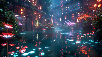 Enchanting Dreamlike Underwater City Illuminated by Bioluminescent Lights and Flourishing Flora, Creating a Magical and Ethereal Atmosphere