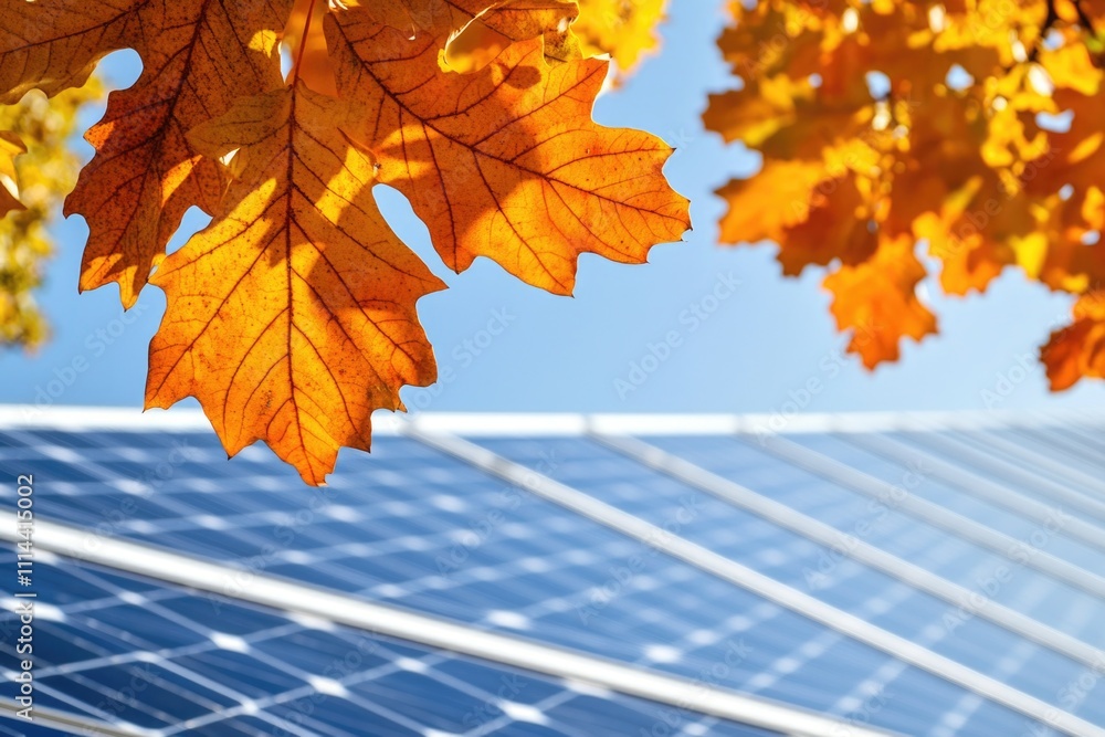 Poster a close-up shot of a leaf near a solar panel, perfect for use in environmental or technology-related