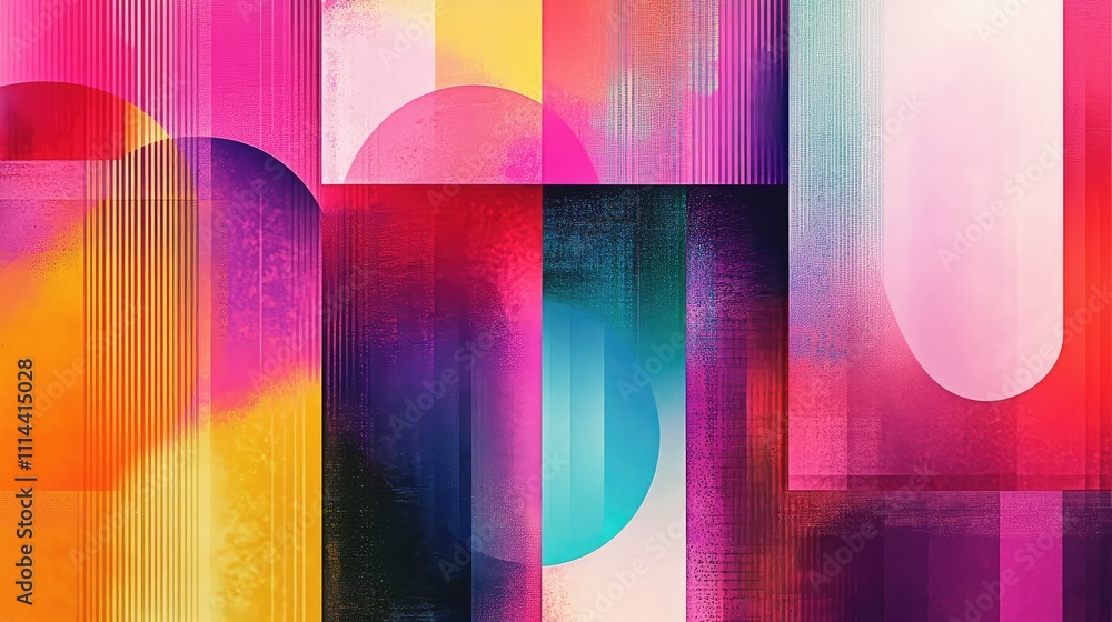 Poster an abstract low-resolution digital art piece with pixelated shapes and vibrant color gradients blend