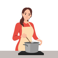Young woman cooking in the kitchen. Flat vector illustration isolated on white background