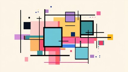 Fototapeta premium An abstract minimalist pixel art design featuring colorful squares and lines arranged in a balanced composition