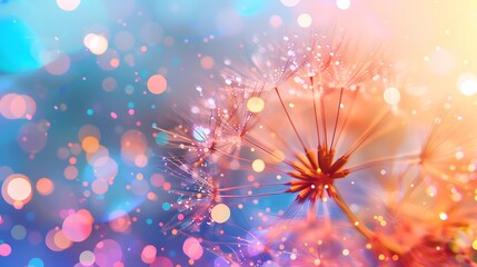Fototapeta premium Dandelion seeds showing dew drops on dreamy colorful background