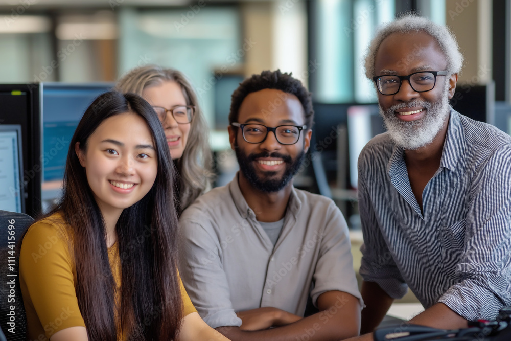 Poster diverse team collaborating in a modern office environment during the day. generative ai