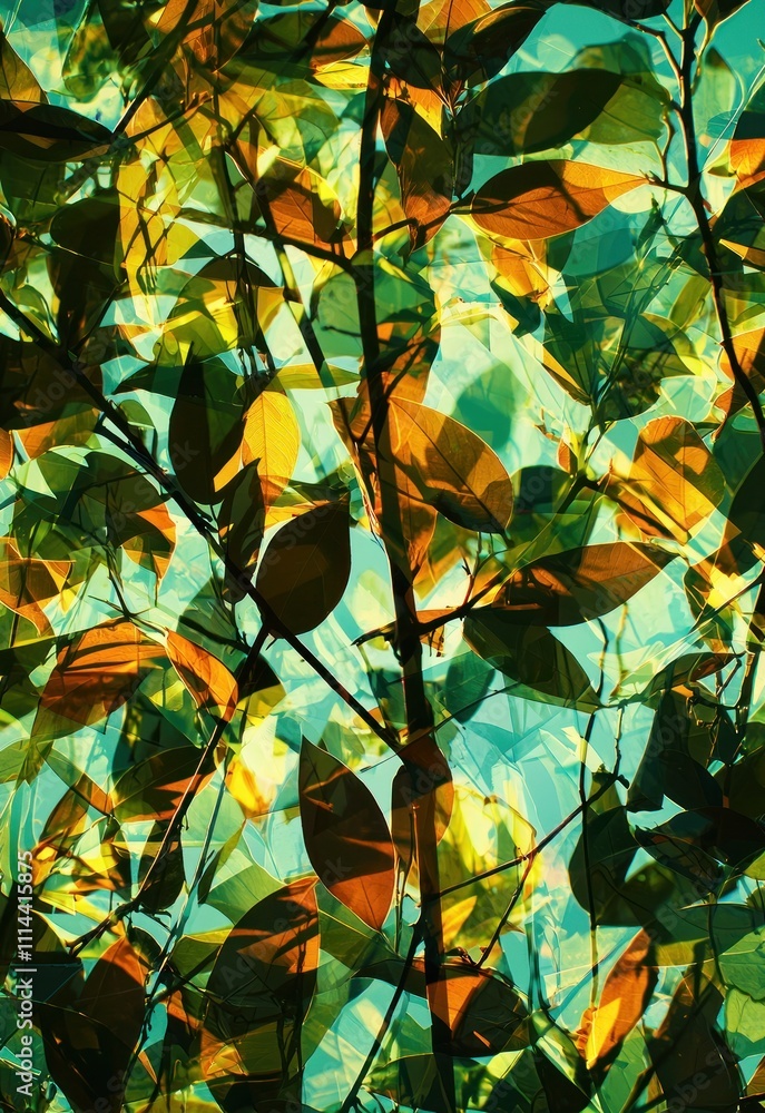 Aufkleber a bold abstract nature background featuring fragmented elements of trees and leaves, creating a dyna