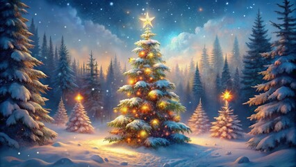 Naklejka premium Enchanted Winter Solstice Snow-Covered Forest, Illuminated Christmas Tree, Digital Painting