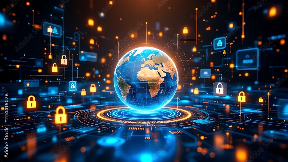 Poster abstract digital globe with global network connections and images of media content floating around i