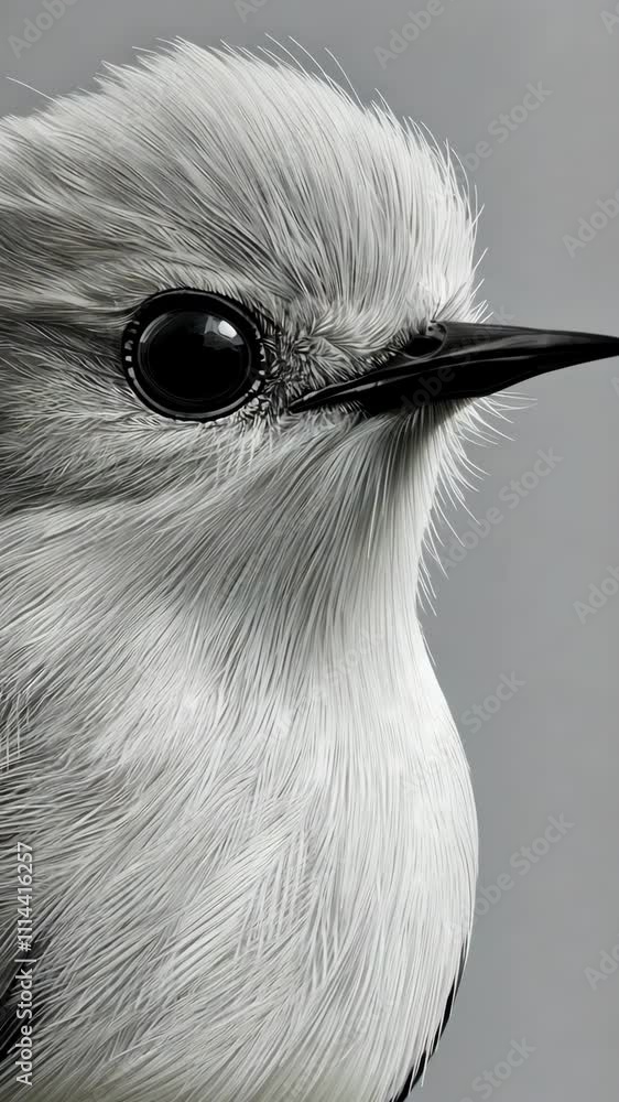 Poster detailed close-up of a small bird highlighting its feathers and large eye against a minimalistic bac
