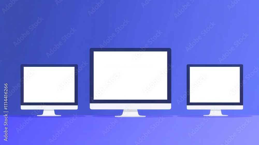Poster computer monitors displaying blank screens on blue background
