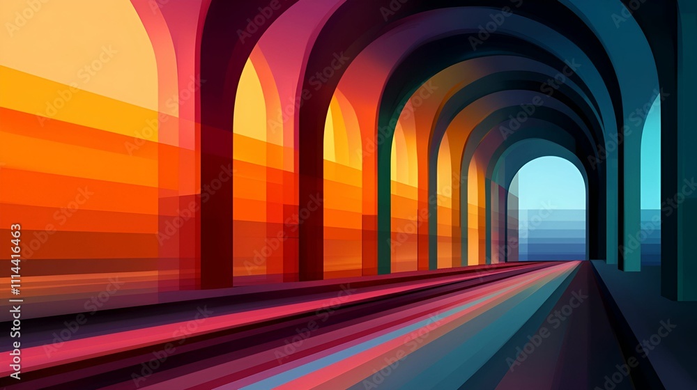 Poster a vibrant, abstract depiction of a tunnel with colorful arches, blending warm and cool hues, creatin