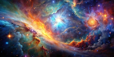 Fototapeta premium Cosmic Nebula Vivid Hues, Celestial Dance, Planetary Birth
