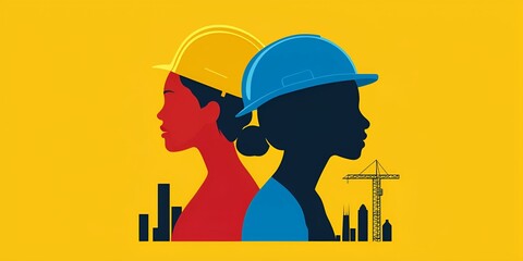 The image features silhouettes of two women wearing hard hats against a bright yellow background, symbolizing empowerment in construction and engineering.