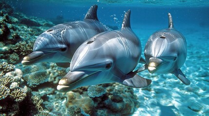 Naklejka premium Three dolphins swim near coral reef underwater.