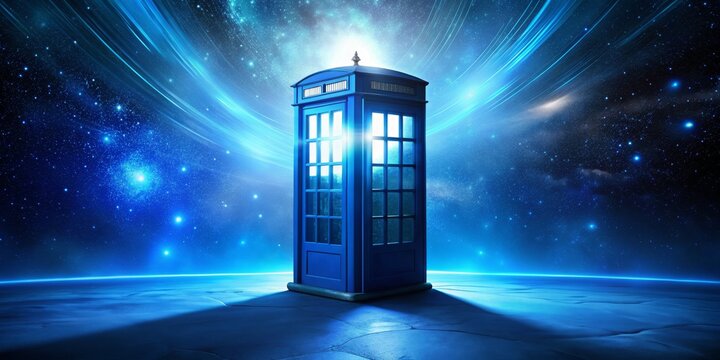 Cosmic TARDIS Blue Police Box on Icy Planet, Starry Night Background