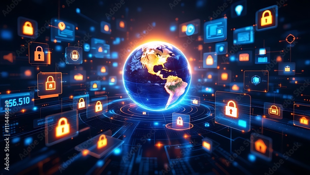 Poster abstract digital globe with global network connections and images of media content floating around i