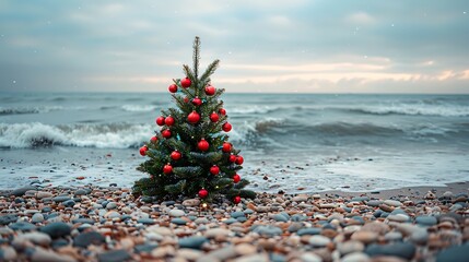 Decorated christmas tree standing on pebble beach during winter
