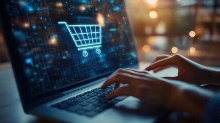 Typing on Laptop with Shopping Cart Icon on Screen