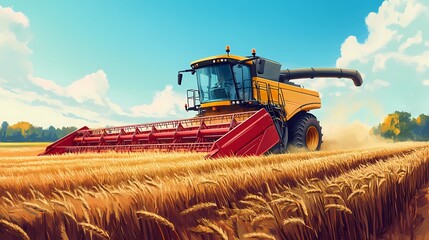 Obraz premium A bright yellow combine harvester working in a golden wheat field under a clear blue sky.