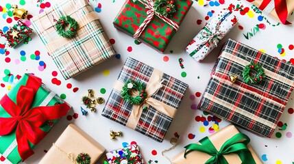 Fototapeta premium Assorted Christmas presents with festive decorations and confetti on white background.