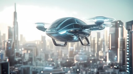 Naklejka premium A futuristic drone hovering above a modern cityscape, showcasing advanced technology in a vibrant urban setting.