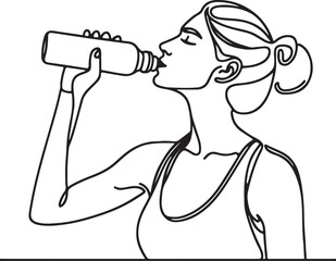 Dynamic Line Drawing of a Sporty Woman Hydrating with an Energy Drink