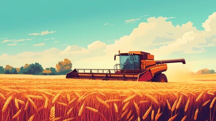 Obraz premium A vibrant orange combine harvester operates in a golden wheat field under a blue sky with fluffy clouds.