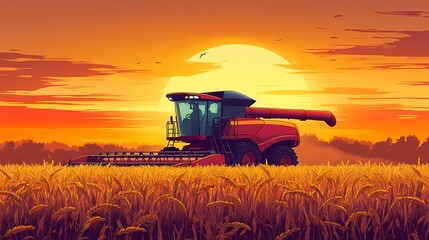 Fototapeta premium A red combine harvester in a golden wheat field at sunset, creating a serene agricultural scene.