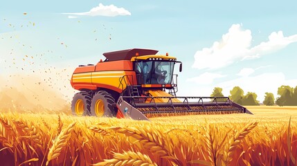 Obraz premium A vibrant orange combine harvester working in a golden wheat field on a sunny day.
