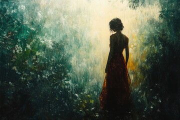 Obraz premium Woman in a red dress stands in a misty forest at dusk. Generative AI
