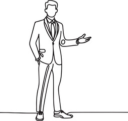 Line Drawing of a Standing Businessman Making a Presentation Gesture – Simple and Professional Illustration