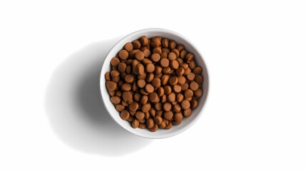Fototapeta premium A close-up view of a bowl filled with dry pet food, showcasing its round shapes and brown color against a white background.