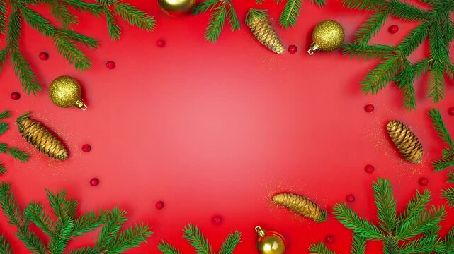 New Year's frame made of Christmas tree branches, Christmas balls and cones. Copy space place for your text. Stop motion animation banner