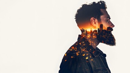 A man with a stylish beard wearing a casual jacket, his silhouette overlaid with a vibrant cityscape at night. The urban lights contrast his laid-back yet fashionable look, blending the natural 
