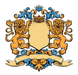 Template of Medieval Coat of Arms with Lions Full Face, Standing on Hind Legs, Crown, Plume and Floral Ornament. Colored Hand Drawn Retro Illustration. Vintage Color Engraving