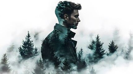 A portrait of a man in a classic trench coat, his figure merging with a misty, fog-filled forest in a double exposure effect. The image creates a mysterious and stylish vibe. Copy space on the 