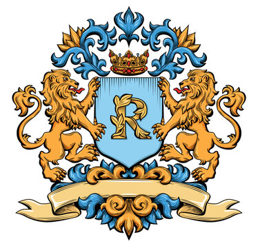 recommend clip art: CoTemplate of Medieval Coat of Arms with Lions, Crown, Letter R on Shield and Plume. Colored Hand Drawn Retro Illustration. Vintage Color Engraving. Element for Classic Heraldic Design, Mascot