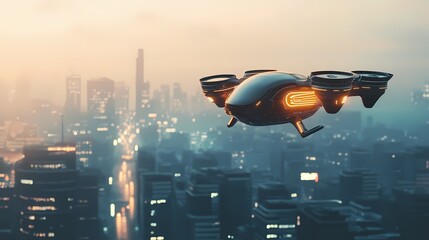 Fototapeta premium A sleek, futuristic drone hovers over a vibrant city skyline at dusk, illuminated by city lights.