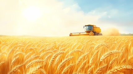 Fototapeta premium A bright and sunny day as a yellow combine harvester cuts through golden wheat fields.