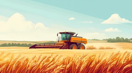 Obraz premium A vibrant illustration of a combine harvester cutting through golden wheat fields under a clear blue sky.