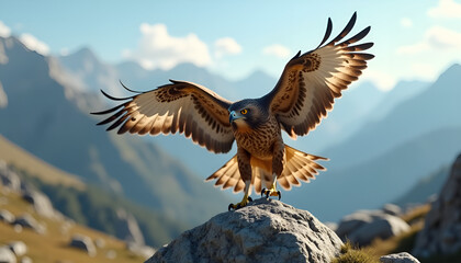 Fototapeta premium Hawk in motion perched on a rock in the mountains, showcasing its wingspan and majestic presence
