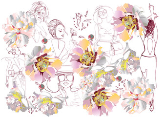 A beautiful girl's face decorated with flowers, peonies, hairstyle and hands in lines. Hand drawn vector illustration.