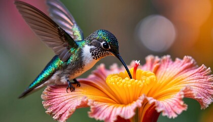 Obraz premium A beautiful hummingbird sipping nectar from a colorful flower