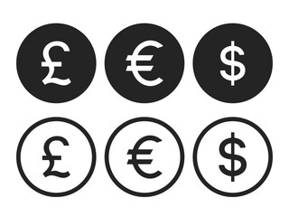 currency icon set, dollar, euro, pound sign outline and flat icon vector.