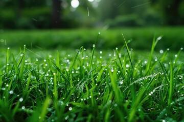 Fototapeta premium Close-up shot of a field of grass with water droplets glistening in the sunlight