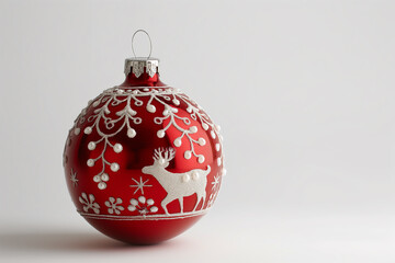 A red ornament with a deer on it sits on a white background