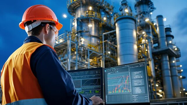 An industrial engineer analyzes real time data on computer screen while checking operations at a refinery, showcasing advanced technology