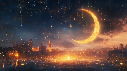 Fototapeta premium Golden Crescent Moon Over Illuminated Cityscape