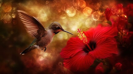Fototapeta premium Hummingbird feeding on a vibrant red hibiscus flower, bokeh background.